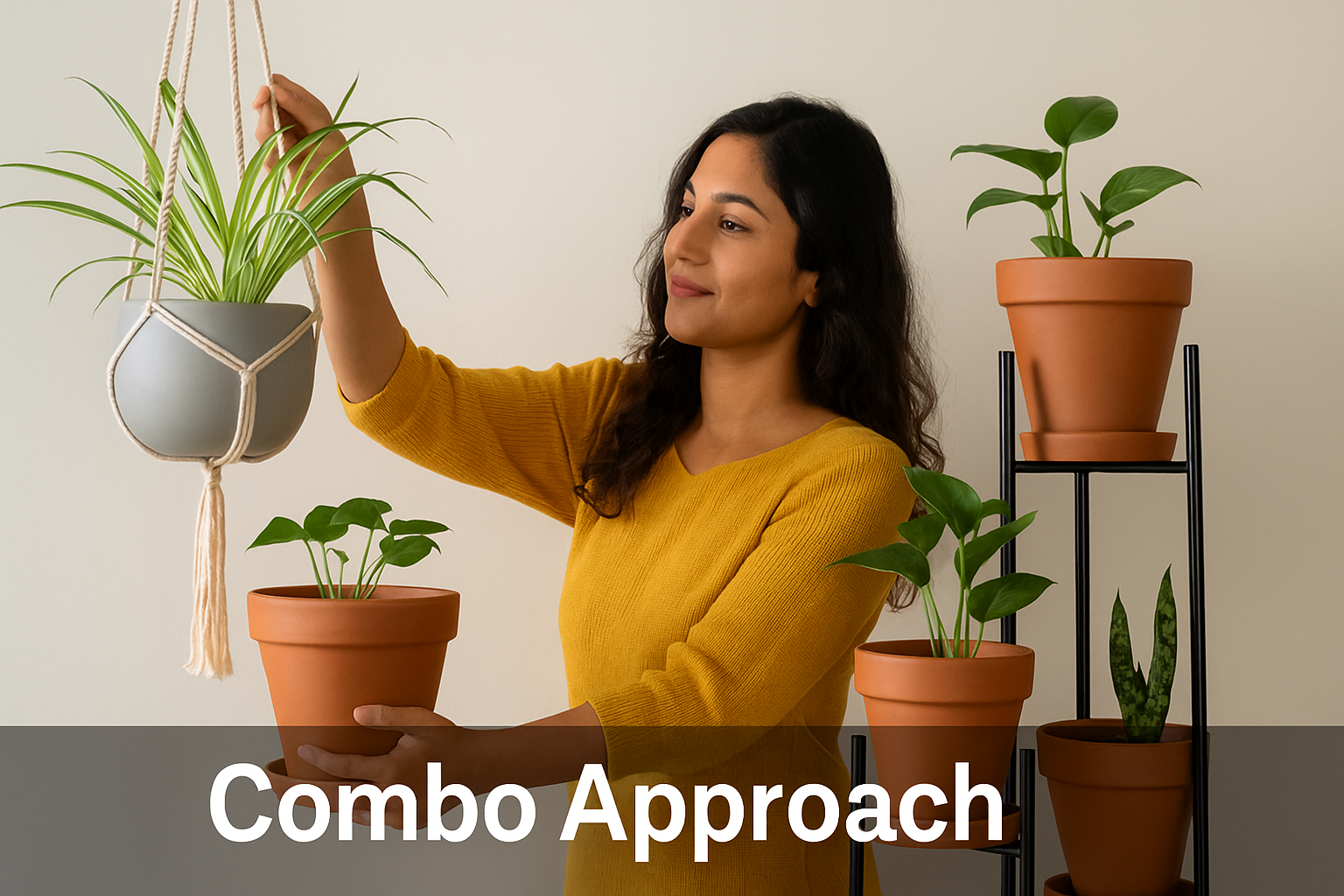 An Indian woman is combining hanging and floor planters in a cozy indoor setting to demonstrate the benefits of a mixed planter setup.